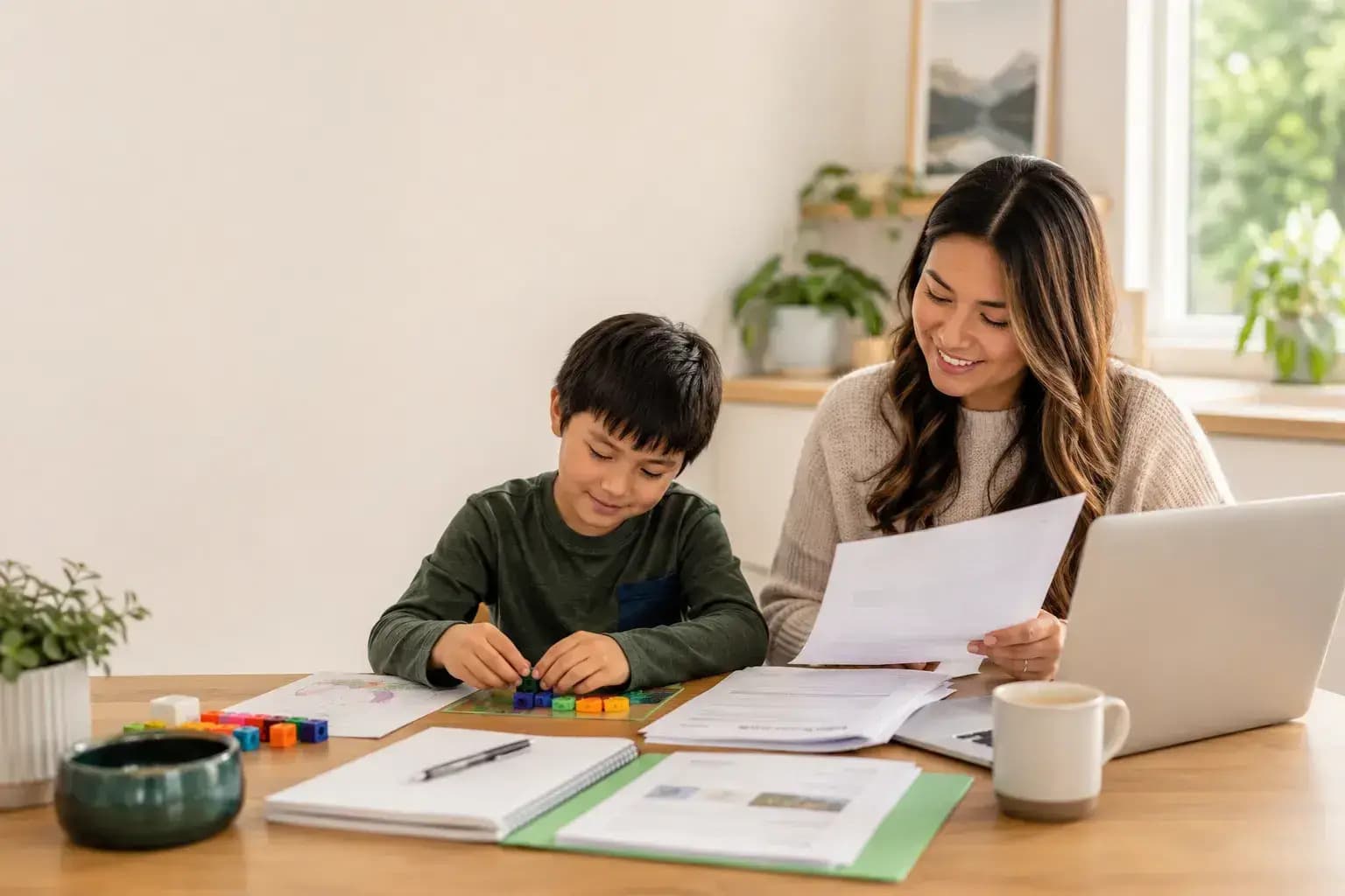A parent and child reviewing paperwork together at a kitchen table